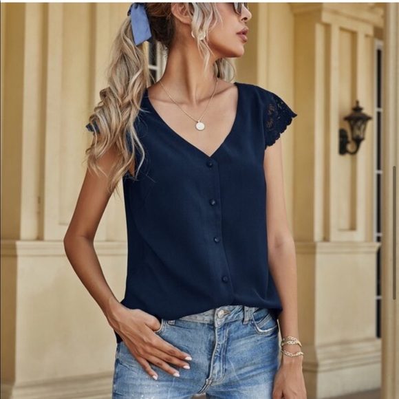 Navy v neck button down lace low back detail top - Picture 2 of 3